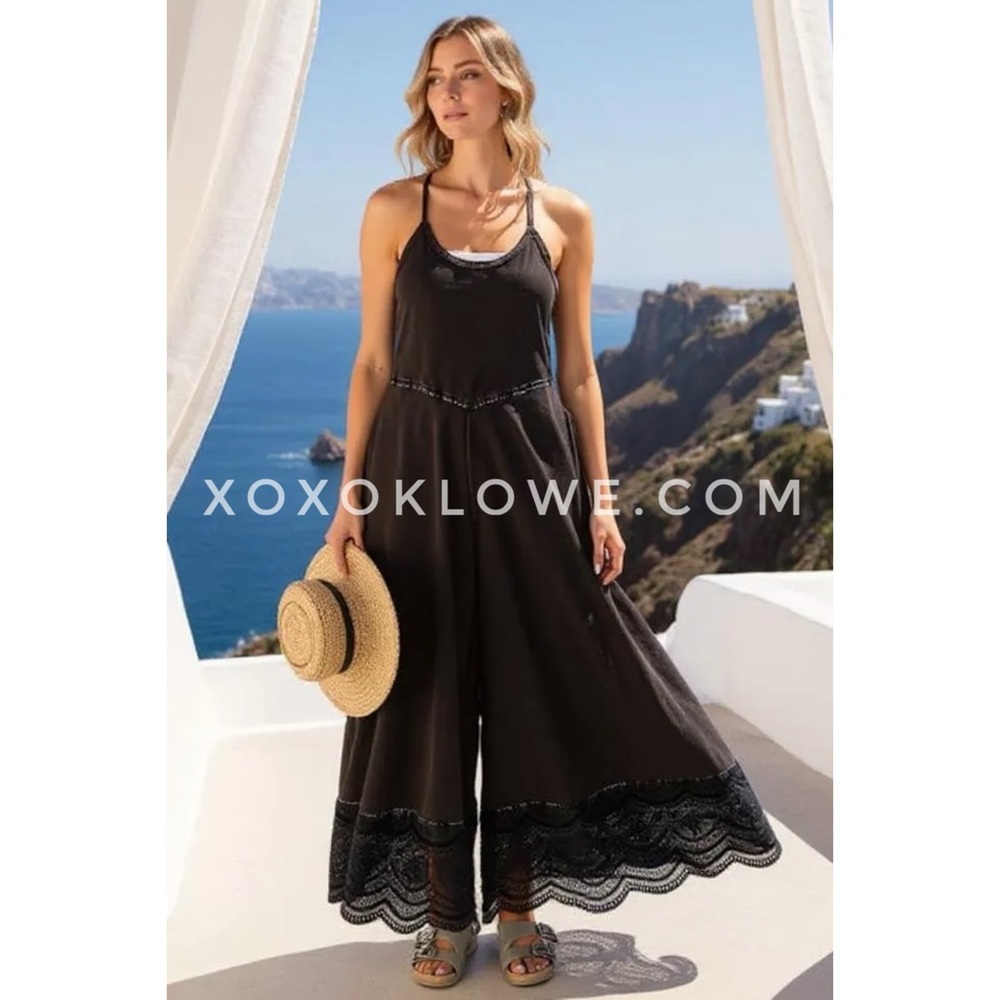 Oli & Hali Black Jumpsuit | Wide Leg, Lace Trim | Coastal Chic - Picture 7 of 8